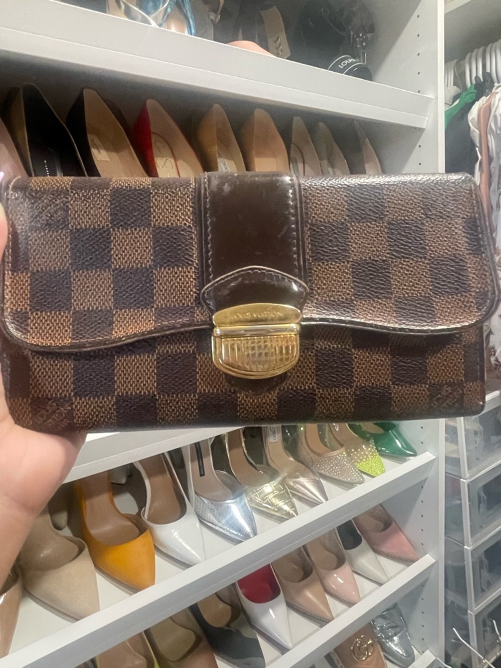 Louis Vuitton Brown Damier Ebene Checkered Wallet Organizer with Gold Tone Clasp